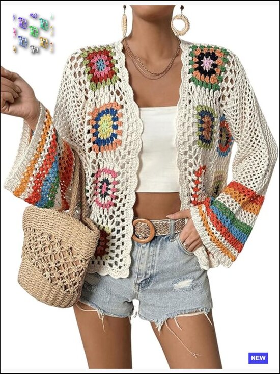 Sweaters - Floral Crochet Cardigan Sweater Hollow Out Lightweight Boho Casual Open Front